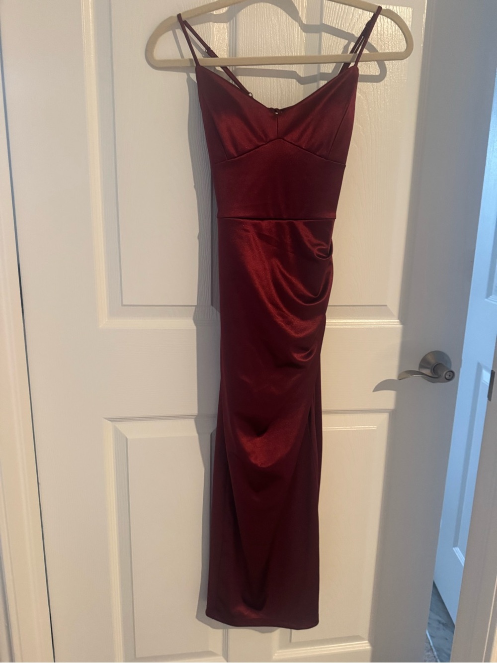 Windsor Satin Spaghetti-Strap Maxi Dress in Burgundy